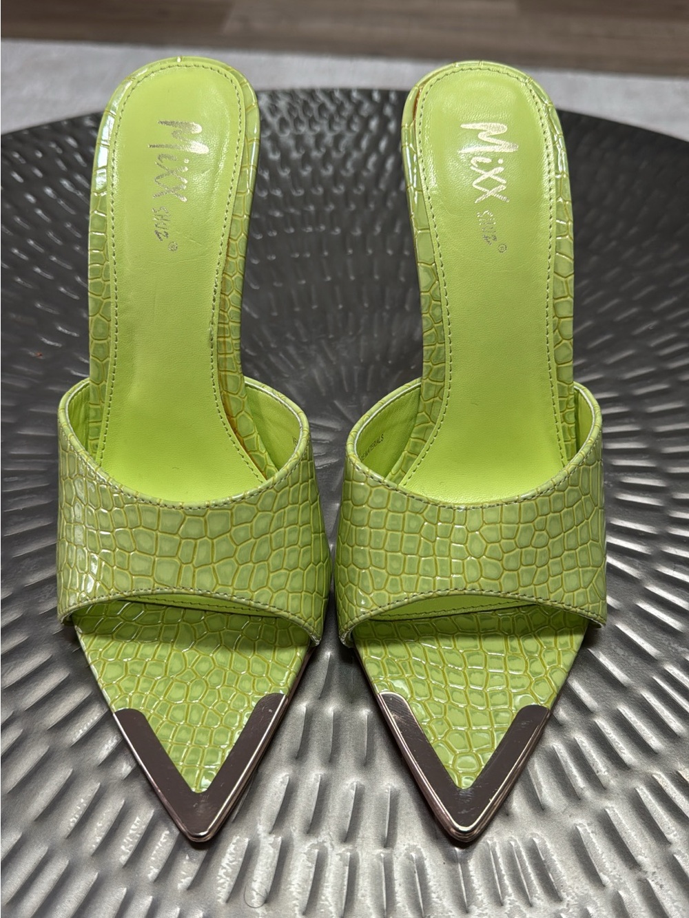 Lime Green Croc-Embossed Pointed Toe Mules